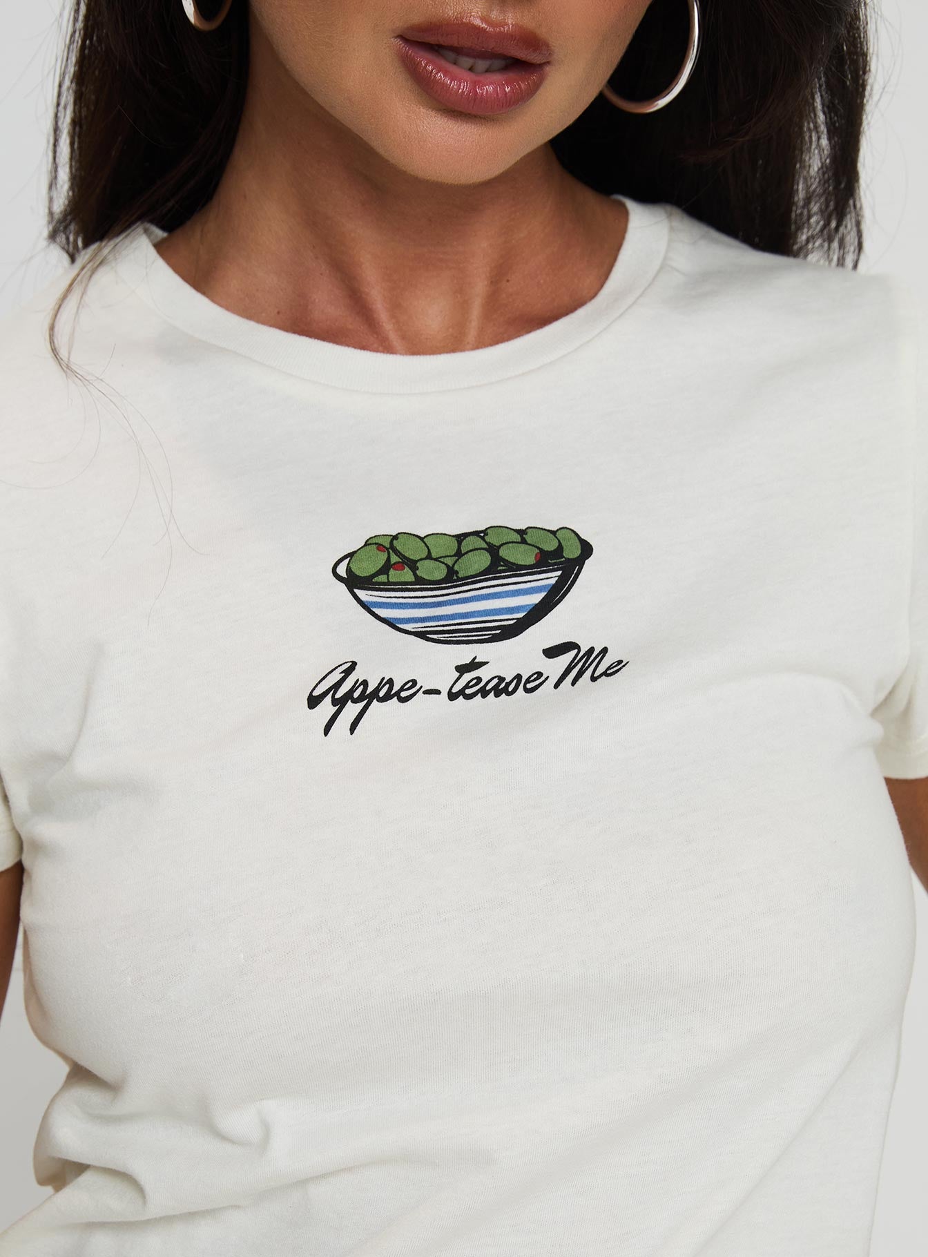 back view of model wearing Princess Polly Tease Me Top Cream Short Sleeves Crew Neck 