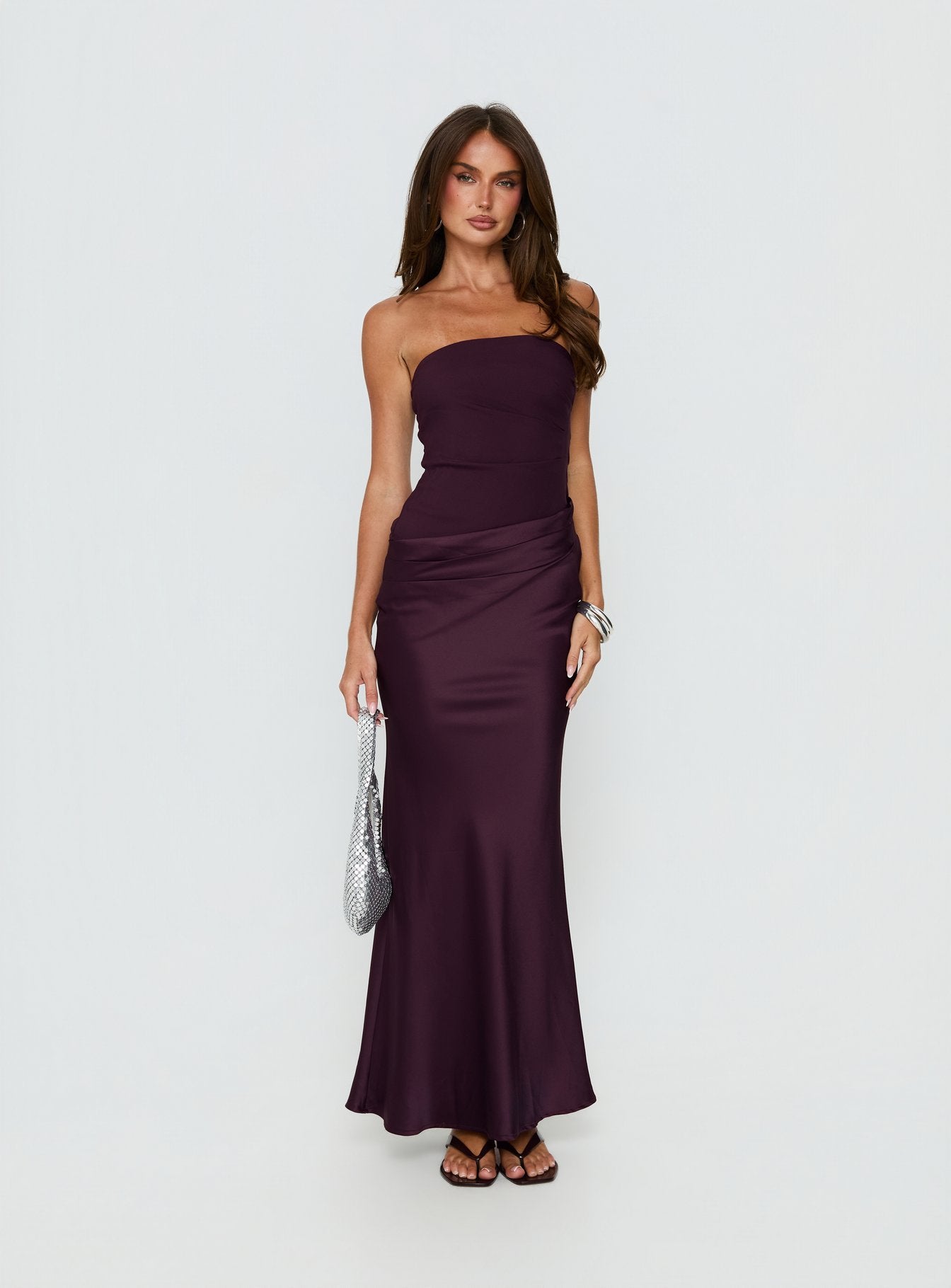 whimsical beauty dark purple satin plisse strapless maxi dress Purple Satin Plisse Strapless Maxi Dress | Womens | Large (Available in M) | 100% Polyester | Lulus | Holiday Dresses