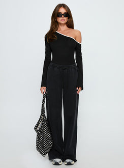 front view of model wearing Princess Polly Andrielle One Shoulder Long Sleeve Bodysuit Black / White Long Sleeve Tops 