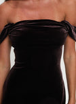 back view of model wearing Princess Polly Zabbarra Off The Shoulder Mini Dress Chocolate Velvet Straight Neck 