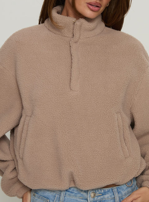 back view of model wearing Princess Polly Icy Days Fleece Quarter Zip Jumper Light Brown Cropped Jumpers 