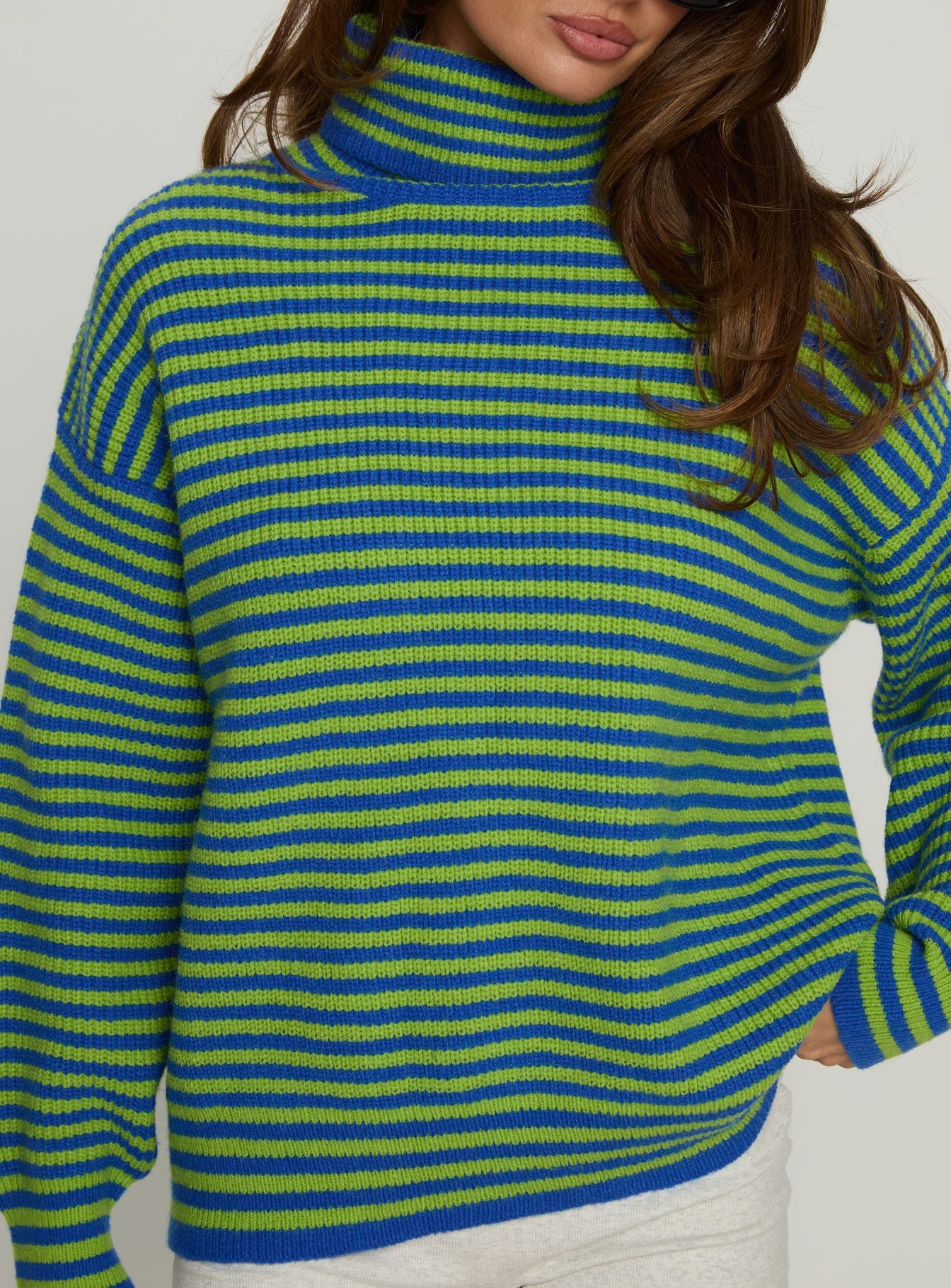 back view of model wearing Princess Polly Lancelot Turtle Neck Oversized Jumper Green Stripe Longline Jumpers 