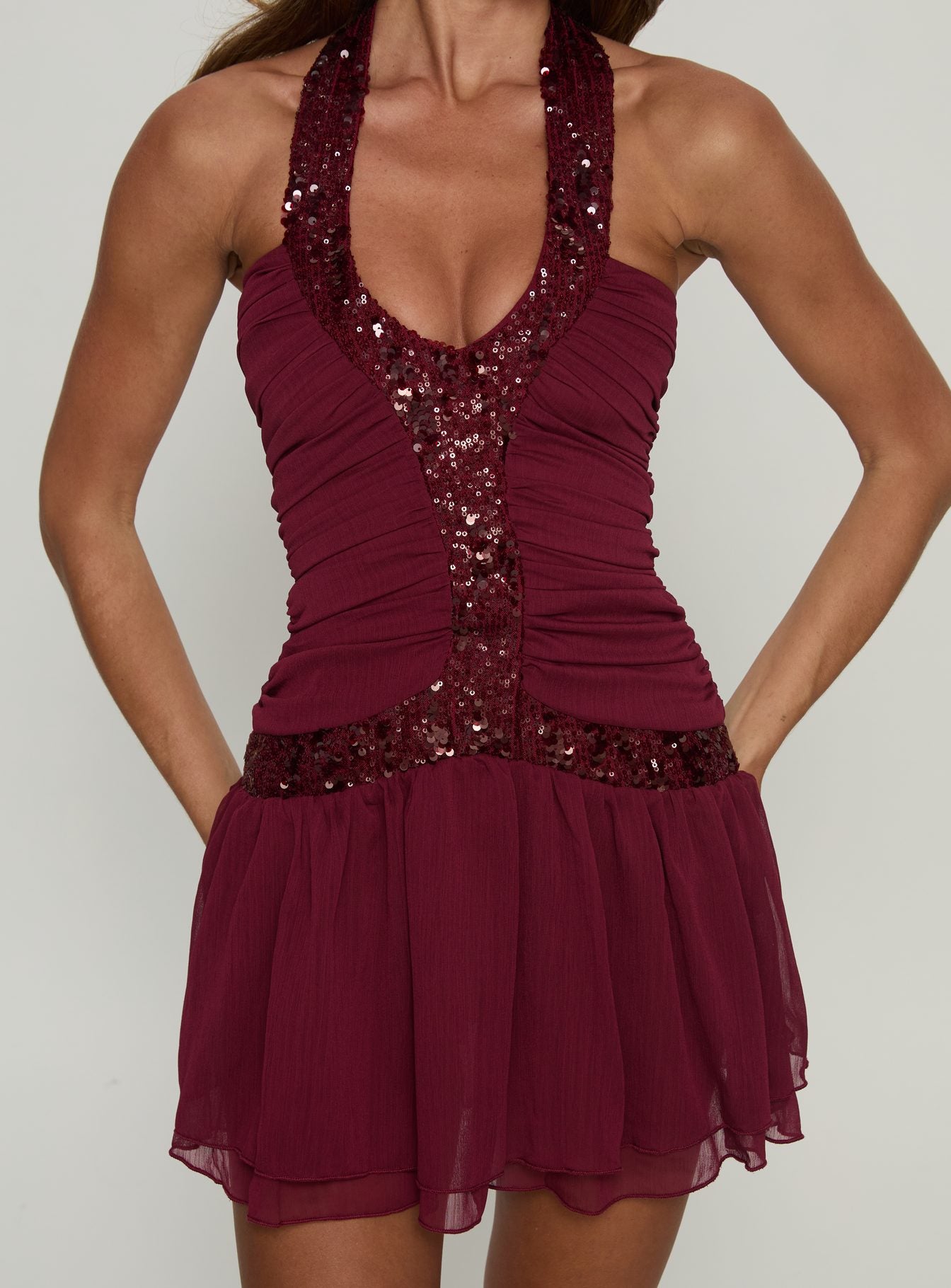 Aisleigh Sequin Halter Mini Dress | Berry | Womens | Princess Polly Lower Impact Aisleigh Sequin Halter Mini Dress | Berry | Womens | Princess Polly Lower Impact