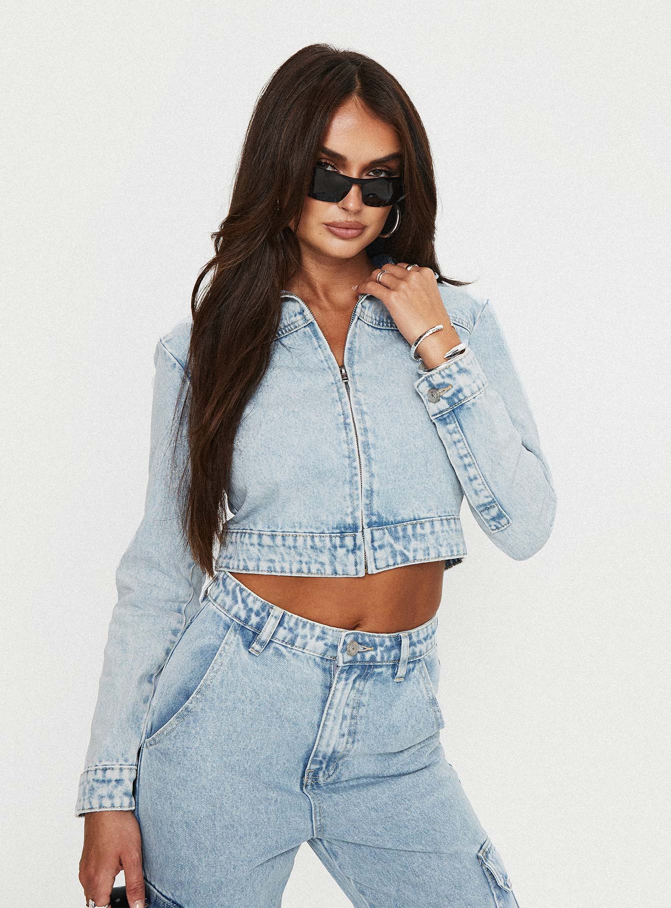 Denim jacket Moto style, zip fastening at front, lapel collar, button fastening at cuff