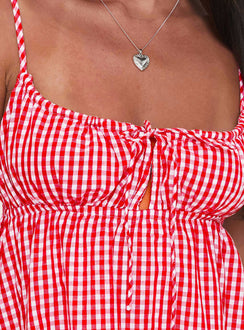 back view of model wearing Princess Polly Empress Of Love Mini Dress Red Gingham Square Neck 