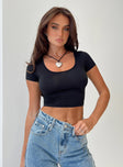 Black cropped tee slim fit Scooped neckline Good stretch'