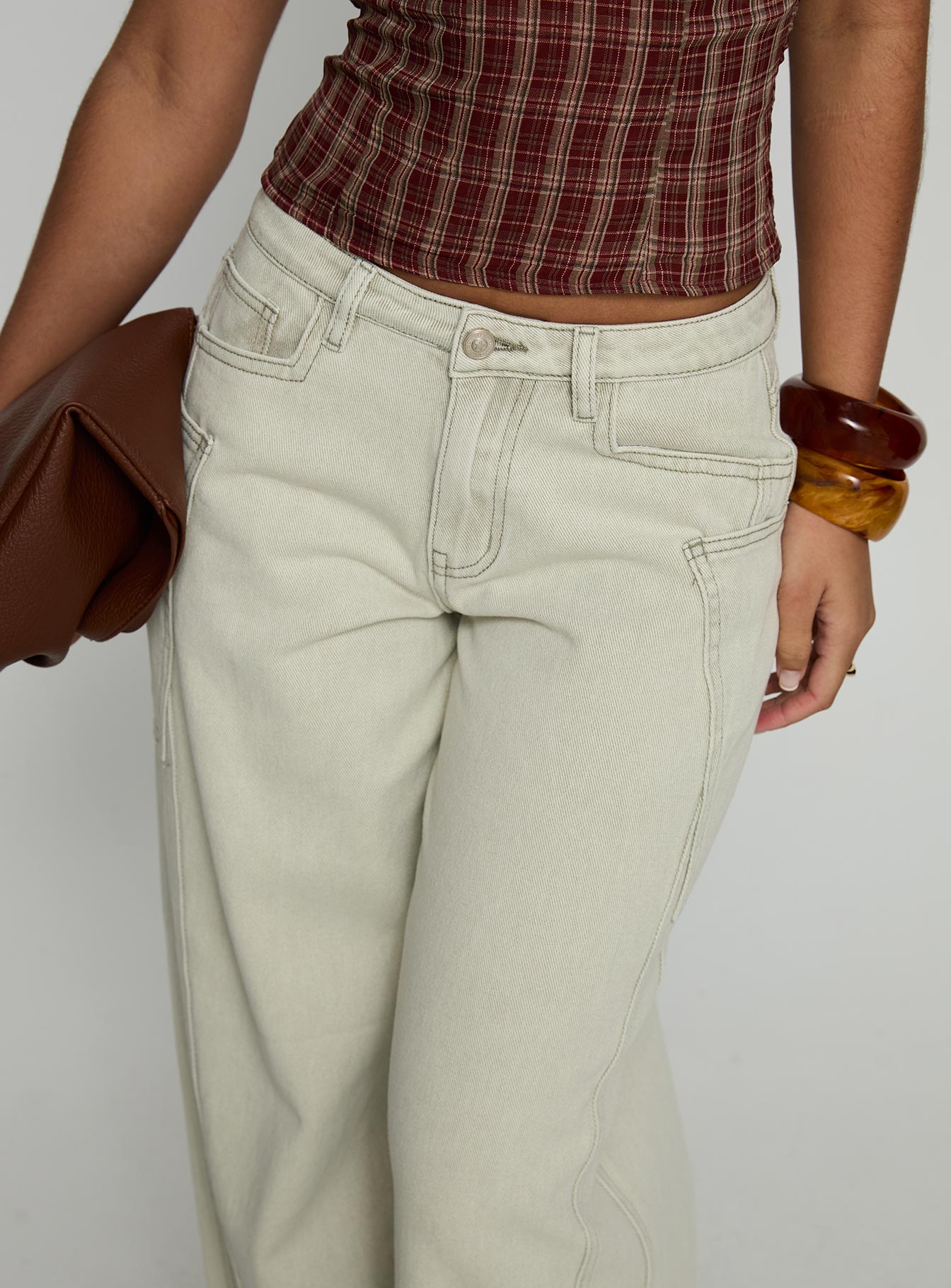 front view of model wearing Princess Polly Amargo Baggy Leg Stitch Detail Denim Jeans Sage Wash Mid Rise Jeans 