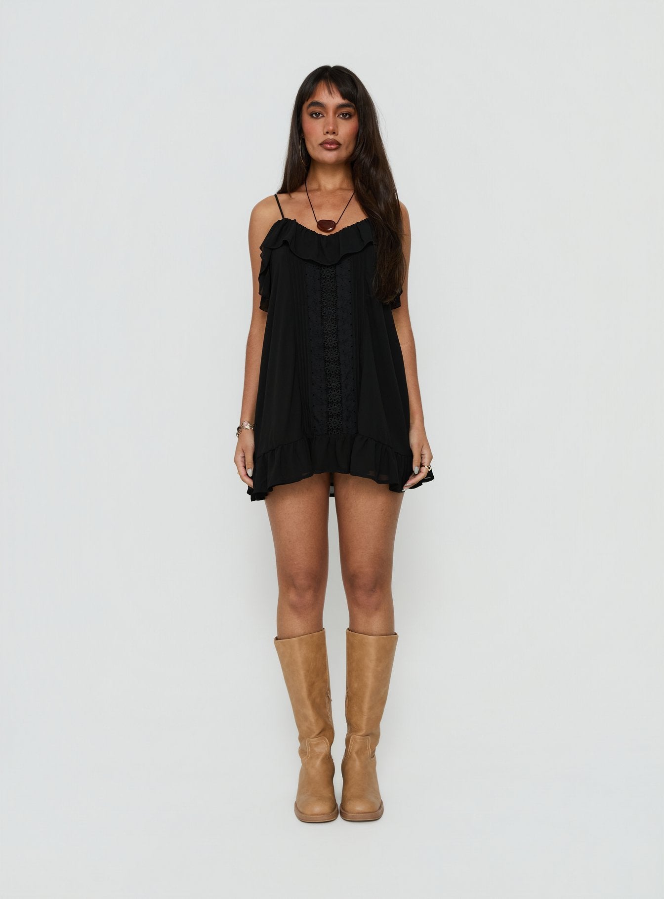 Somnielle Frill Lace Detail Mini Dress Black | Princess Polly