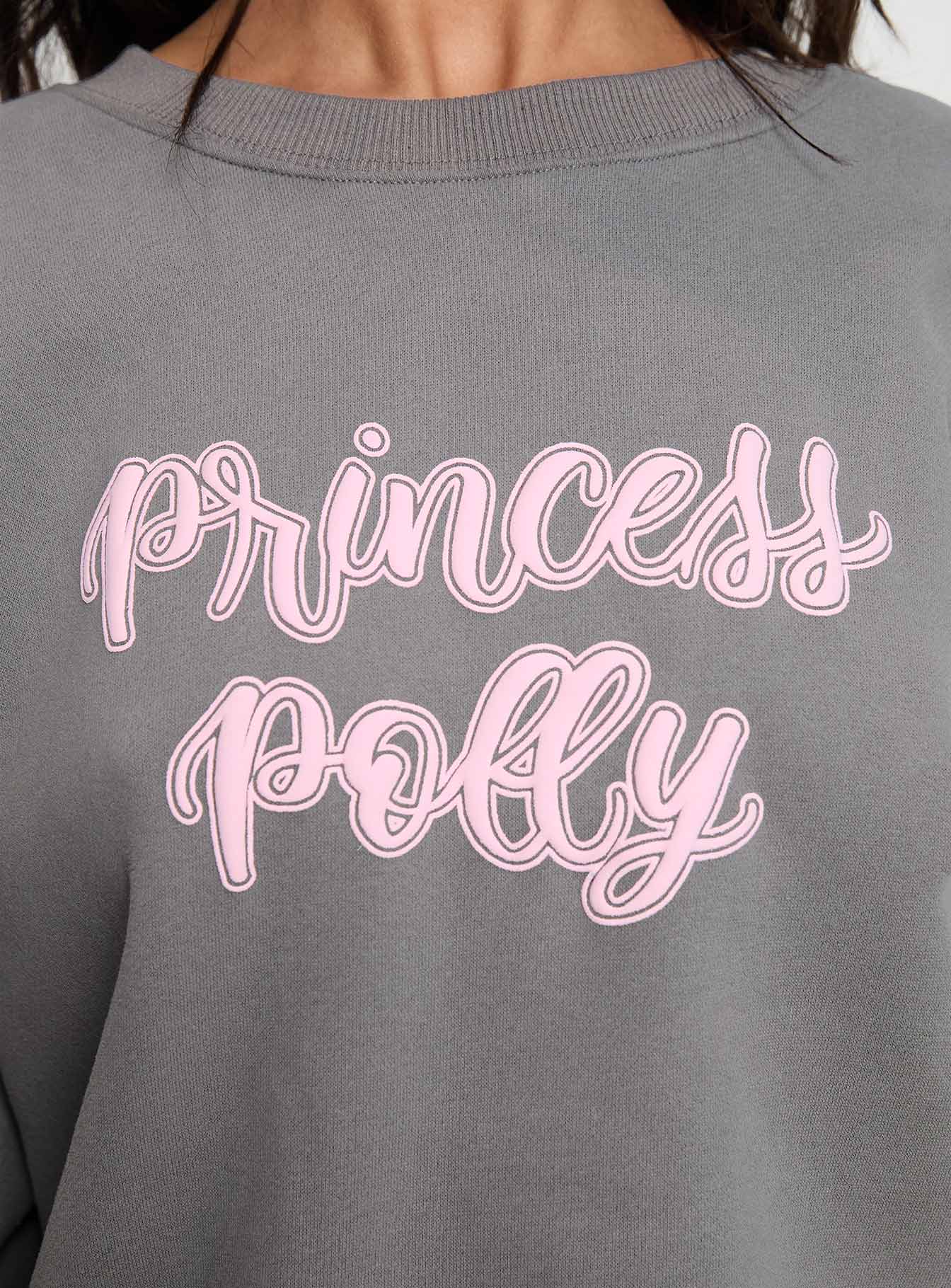 product Princess Polly Princess Polly Crew Neck Sweatshirt Puff Text Charcoal Long 