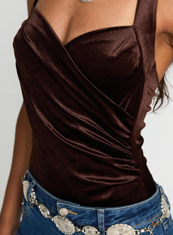 back view of model wearing Princess Polly Ruelle Halter Bodysuit Brown Sleeveless 