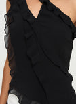 back view of model wearing Princess Polly Timmie One Shoulder Top Black Sleeveless Asymmetric Neckline 