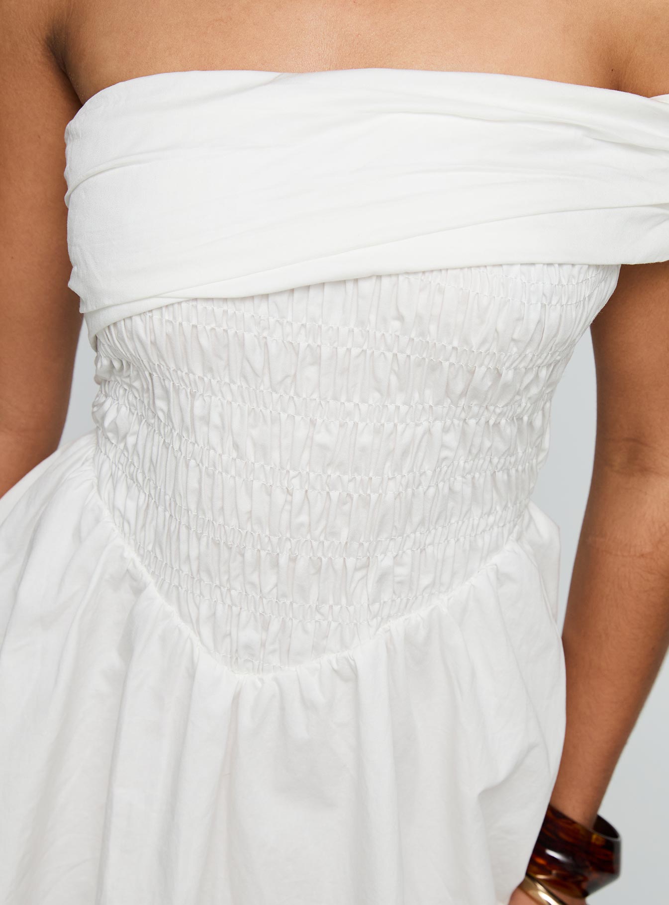 back view of model wearing Princess Polly Fruitful Off Shoulder Mini Dress White Straight Neck 