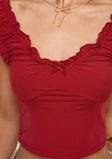 Red V-neck crop top Ruched shoulder straps, bow detail at bust