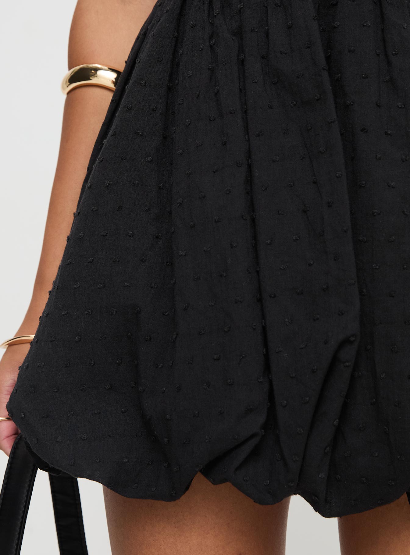 back view of model wearing Princess Polly Serenele Strapless Bubble Hem Mini Dress Black Straight Neck 