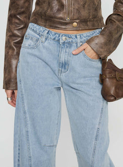 back view of model wearing Princess Polly Lost Track Mid Rise Barrel Leg Jeans Ice Wash Mid Rise Jeans 