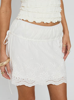 back view of model wearing Princess Polly Rosamaria Broderie Tiered Mini Skirt White Mini Skirts 