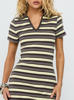 Zuria Collared V-neck Mini Dress Brown / Yellow Stripe