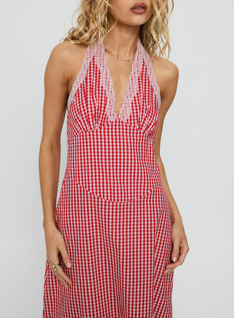 Betsie Halter Lace Maxi Dress Red Polka | Princess Polly Betsie Halter Lace Maxi Dress Red Polka | Princess Polly