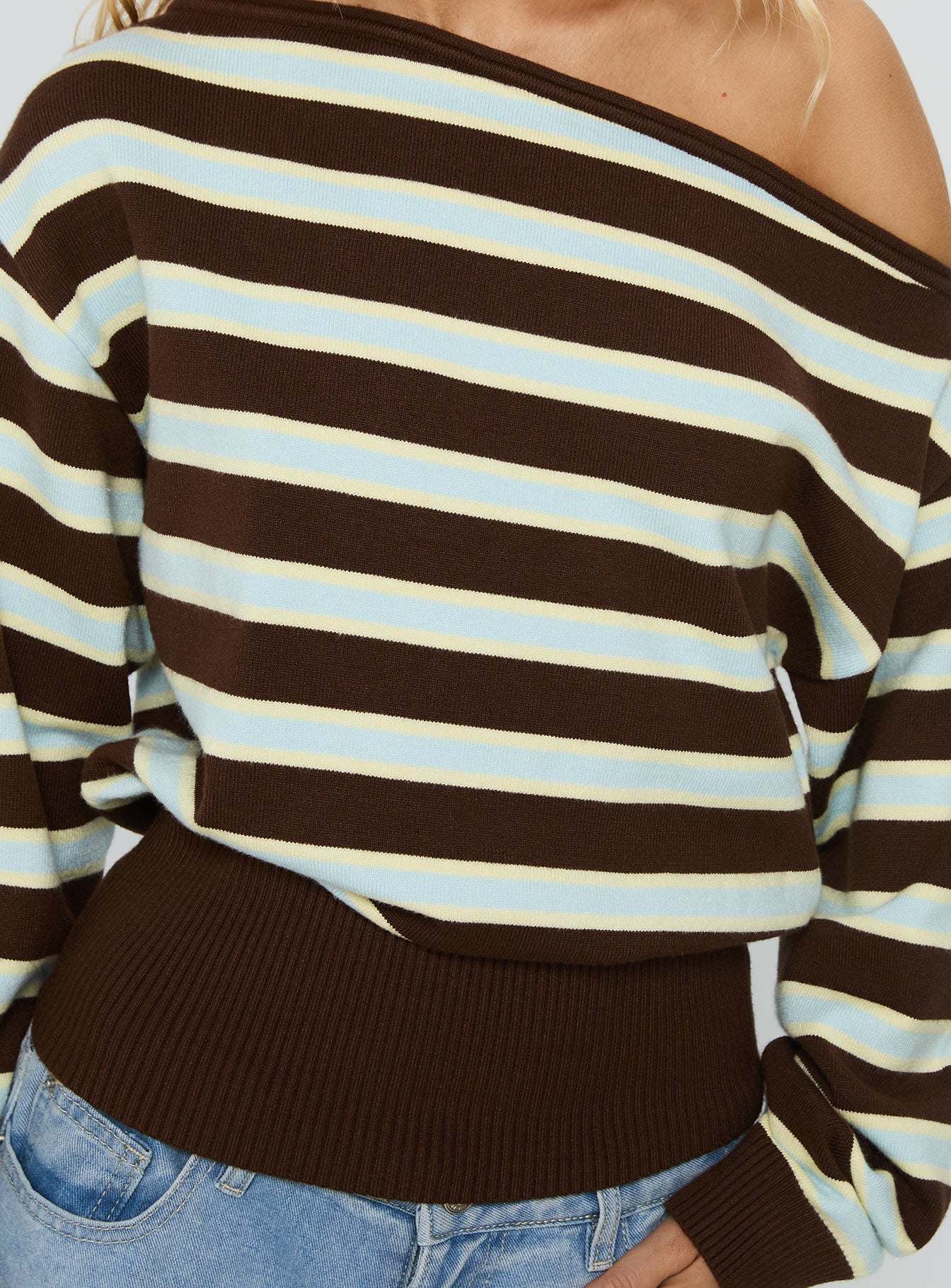 Zinia Off Shoulder Knit Sweater Brown / Blue Stripe | Princess Polly