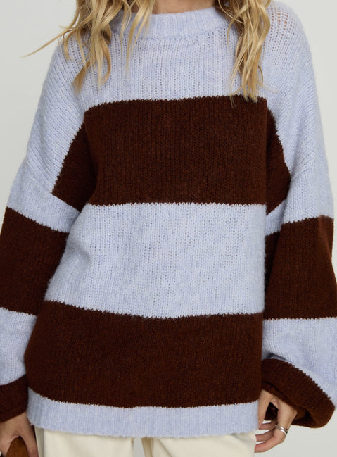front view of model wearing Princess Polly Bastien Crew Neck Knit Sweater Blue / Chocolate Stripe Longline Jumpers 