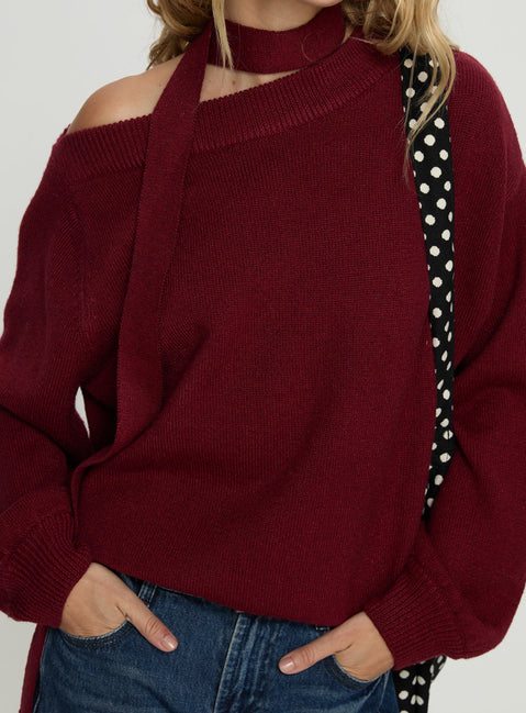 Ruthi Scarf Off Shoulder Knit Sweater Burgundy