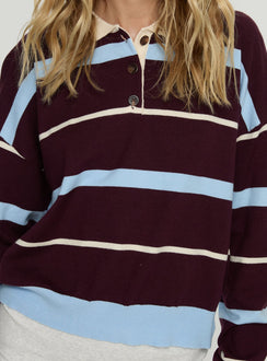 back view of model wearing Princess Polly Aiyanna Collared Rugby Jersey Brown / Blue Stripe cropped 