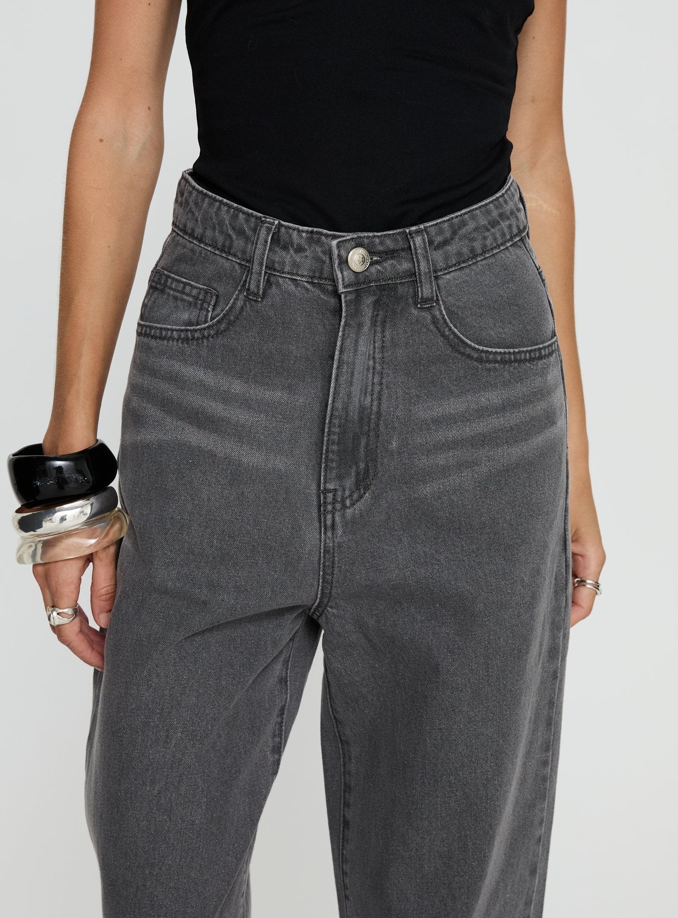 front view of model wearing Princess Polly Nicolo High Rise Straight Leg Jeans Washed Grey High Rise Jeans 