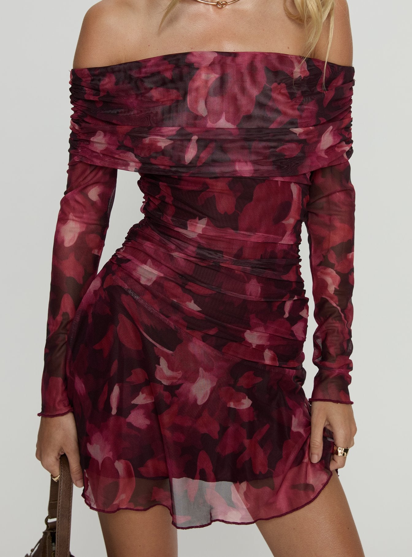 Marrissa Off Shoulder Long Sleeve Mini Dress | Burgundy Floral | Womens