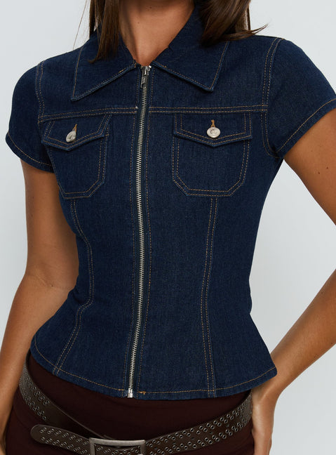 Liyana Denim Zip Up Short Sleeve Shirt Mid Blue