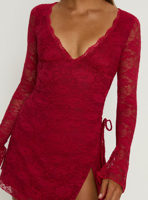 Airabella Long Sleeve Lace Mini Dress | Red | Womens | Princess Polly Lower Impact Airabella Long Sleeve Lace Mini Dress | Red | Womens | Princess Polly Lower Impact