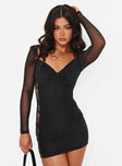 Front view of model wearing  front Princess Polly Asymmetric Neckline  Alston Long Sleeve Mini Dress Black