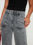 Jeans Zip and button front fastening, belt looped waist, faux cargo pockets, wide leg Non-stretch, unlined