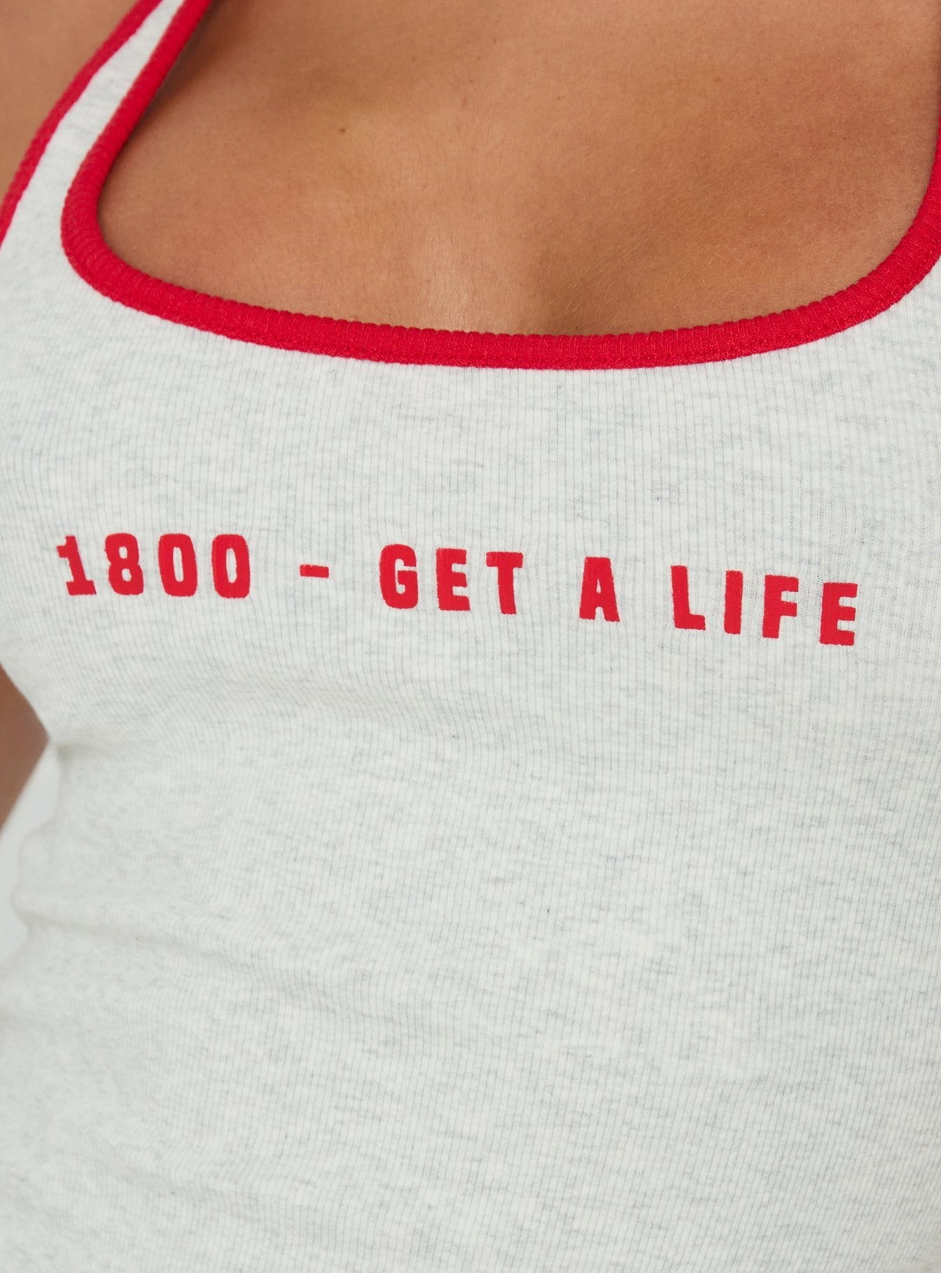 1800 Get A Life Graphic Racer Back Tank Grey / Red