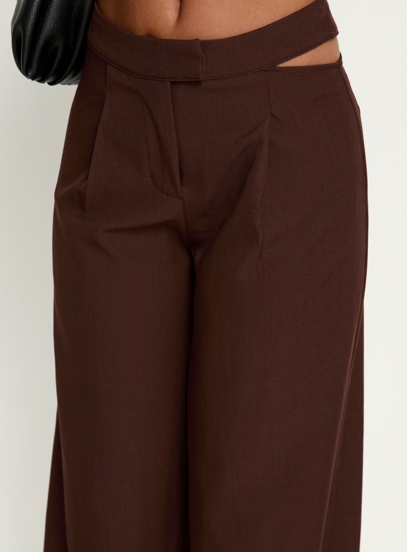 front view of model wearing Princess Polly Alys Cut Out Straight Leg Pant Brown Mid Rise Pants 