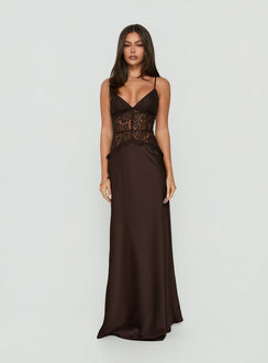 Kylenn Lace Panel Satin Maxi Dress Chocolate