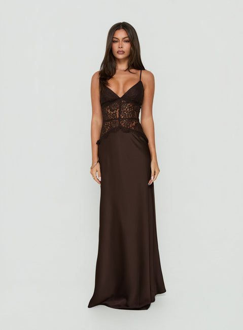Kylenn Lace Panel Satin Maxi Dress Chocolate