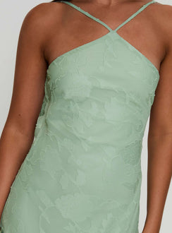 back view of model wearing Princess Polly Zoelle Halter Maxi Dress Sage V-Neck 