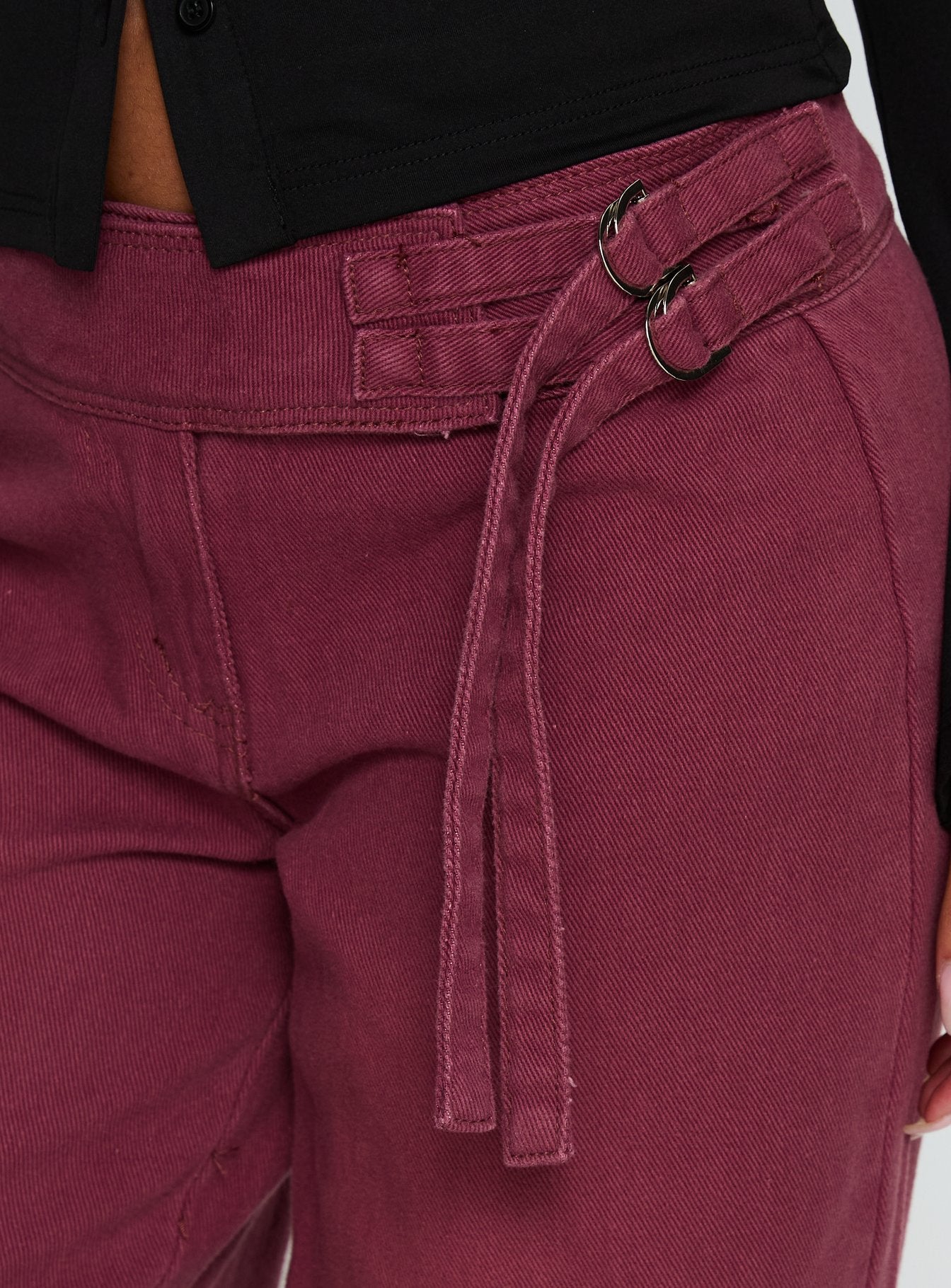 back view of model wearing Princess Polly Boxie Mid Rise Wide Leg Jeans Washed Burgundy Mid Rise Jeans 