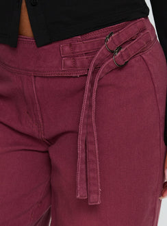 back view of model wearing Princess Polly Boxie Mid Rise Wide Leg Jeans Washed Burgundy Mid Rise Jeans 