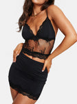 Lace Set  Two-piece set, sheer lace top adjustable straps Good stretch, lined bust Mini skirt, lace hem, elasticated waist Good stretch, unlined 