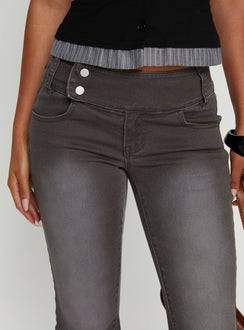 front view of model wearing Princess Polly Romea Low Waist Bootleg Jeans Dark Grey Low Rise Jeans 