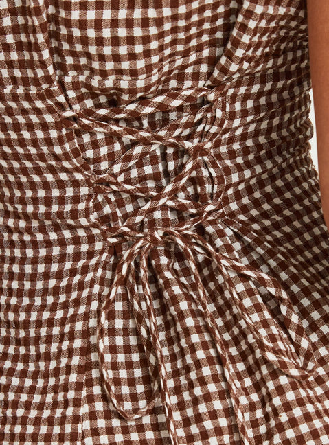 Pique Button Down Mini Dress Brown Gingham