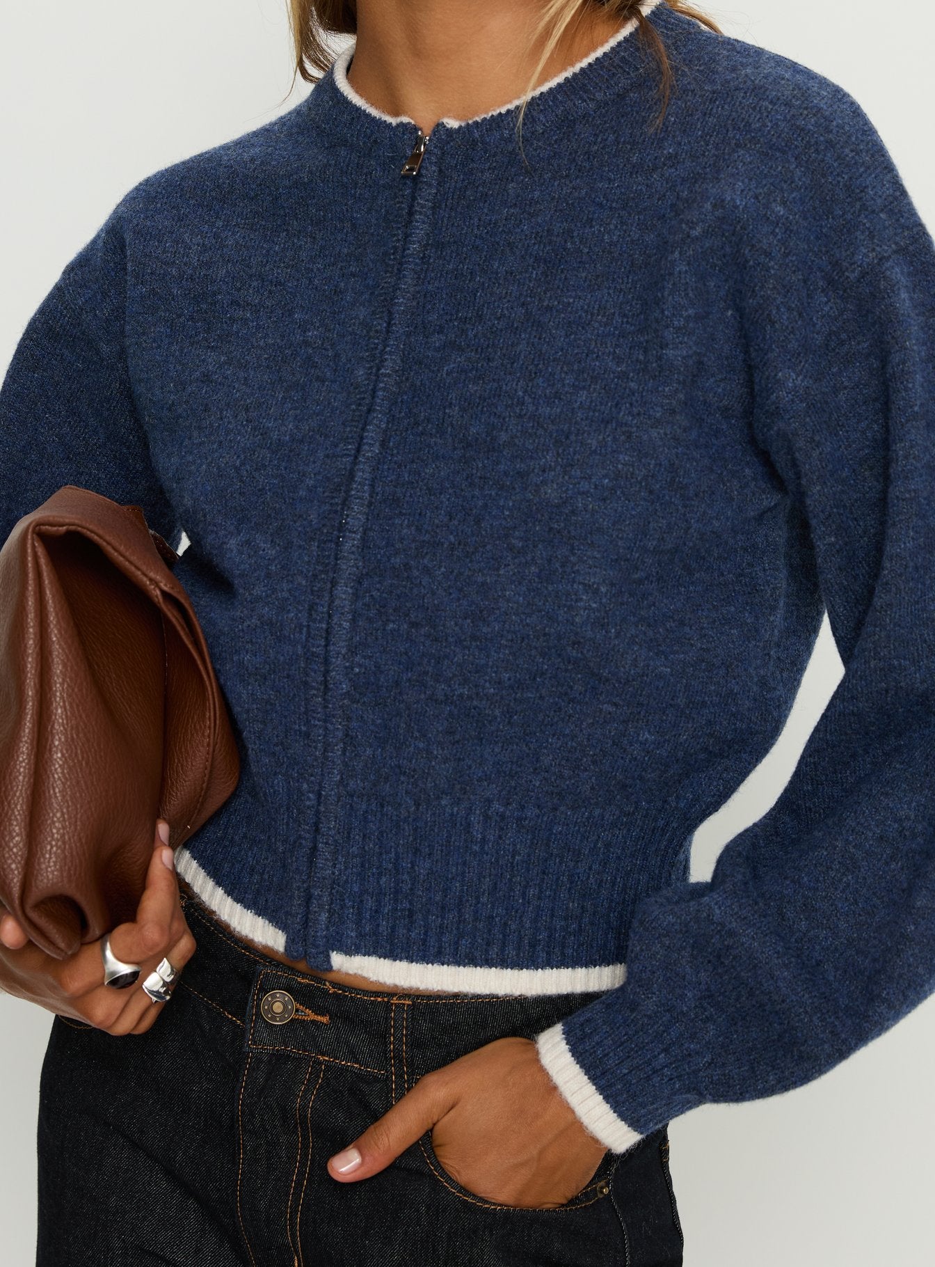 Amandi Zip Through Knit Jumper Navy / Cream | Princess Polly