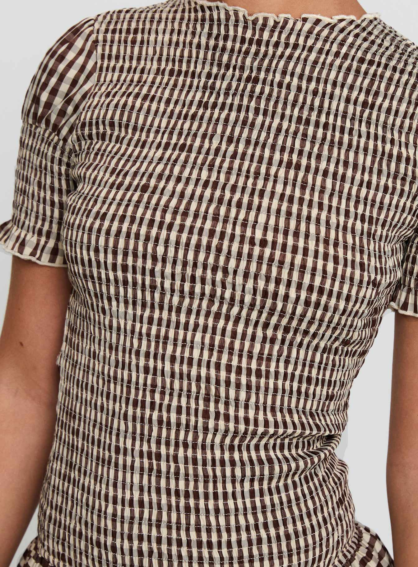 Laurita Shirred Mini Dress Brown Check | Princess Polly Laurita Shirred Mini Dress Brown Check | Princess Polly
