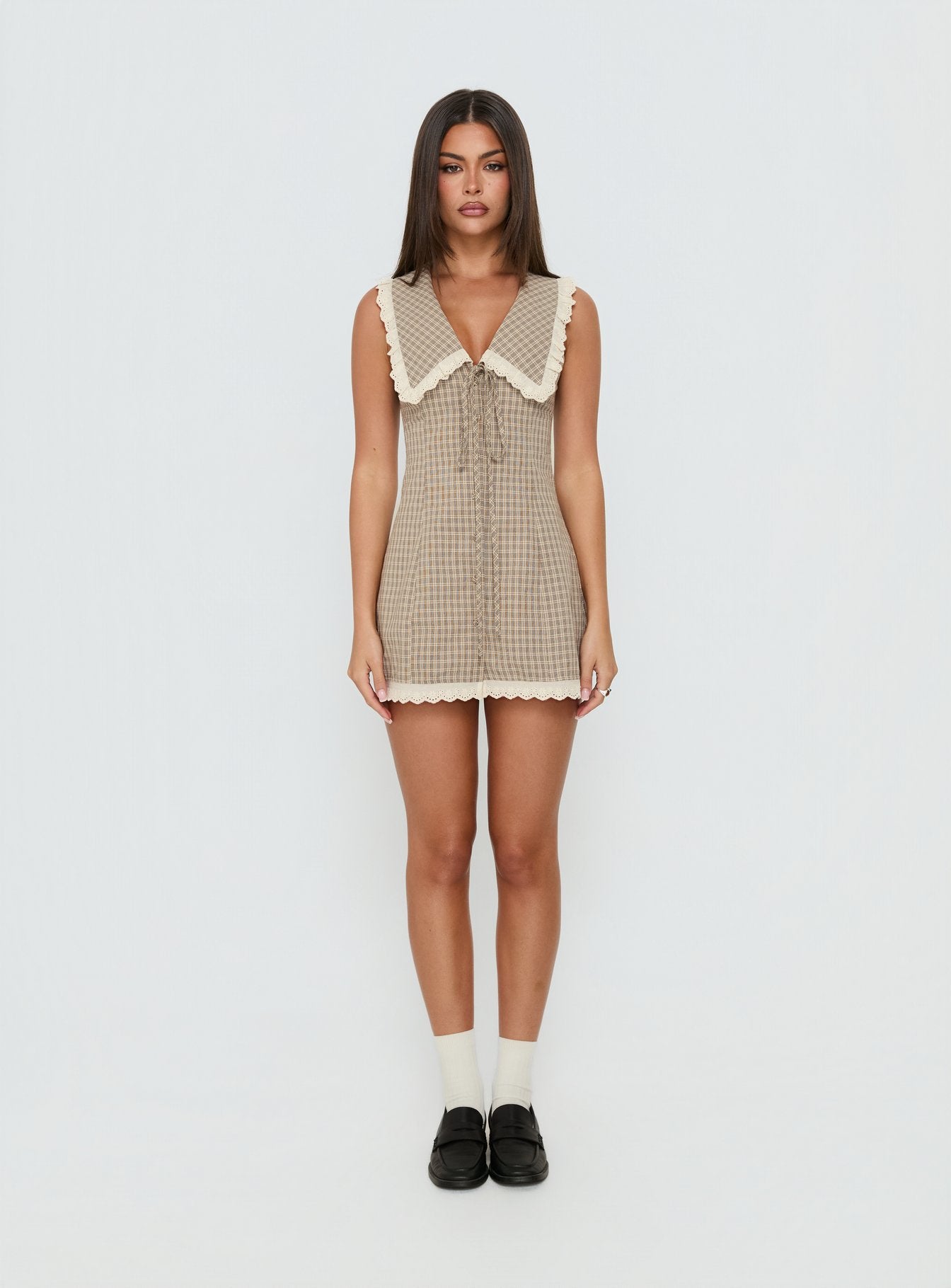 Mayci Collared Lace Trim Playsuit Brown Check