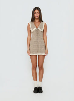 Mayci Collared Lace Trim Playsuit Brown Check