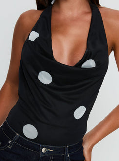 Cleona Plunge Neck Bodysuit Black Polka