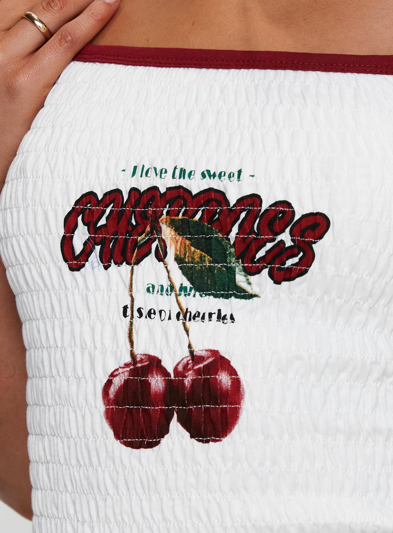 product Princess Polly Cherrie Ties Shirred Graphic Top White Sleeveless Square Neck 