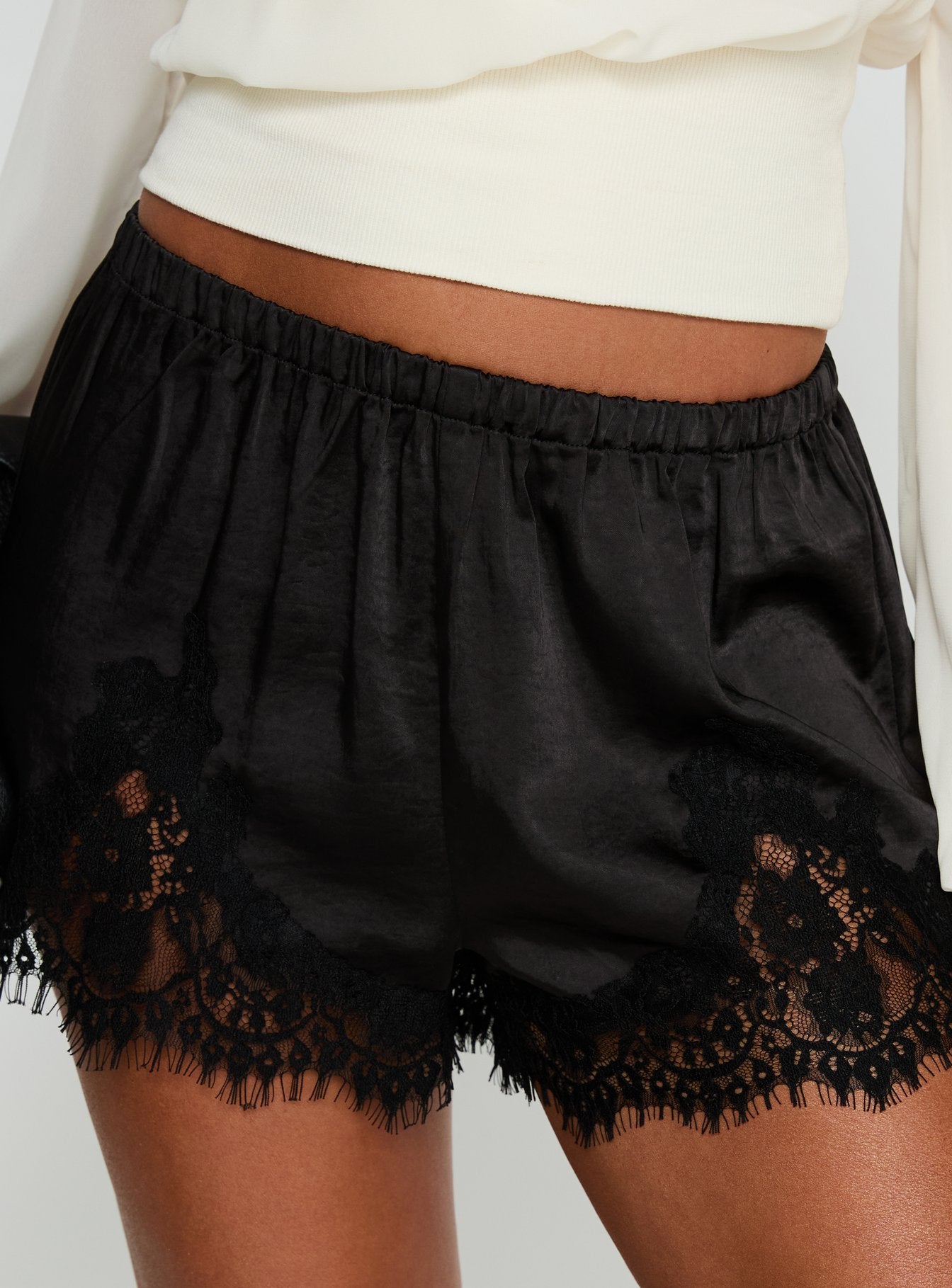 Parisse Satin Lace Trim Shorts Black