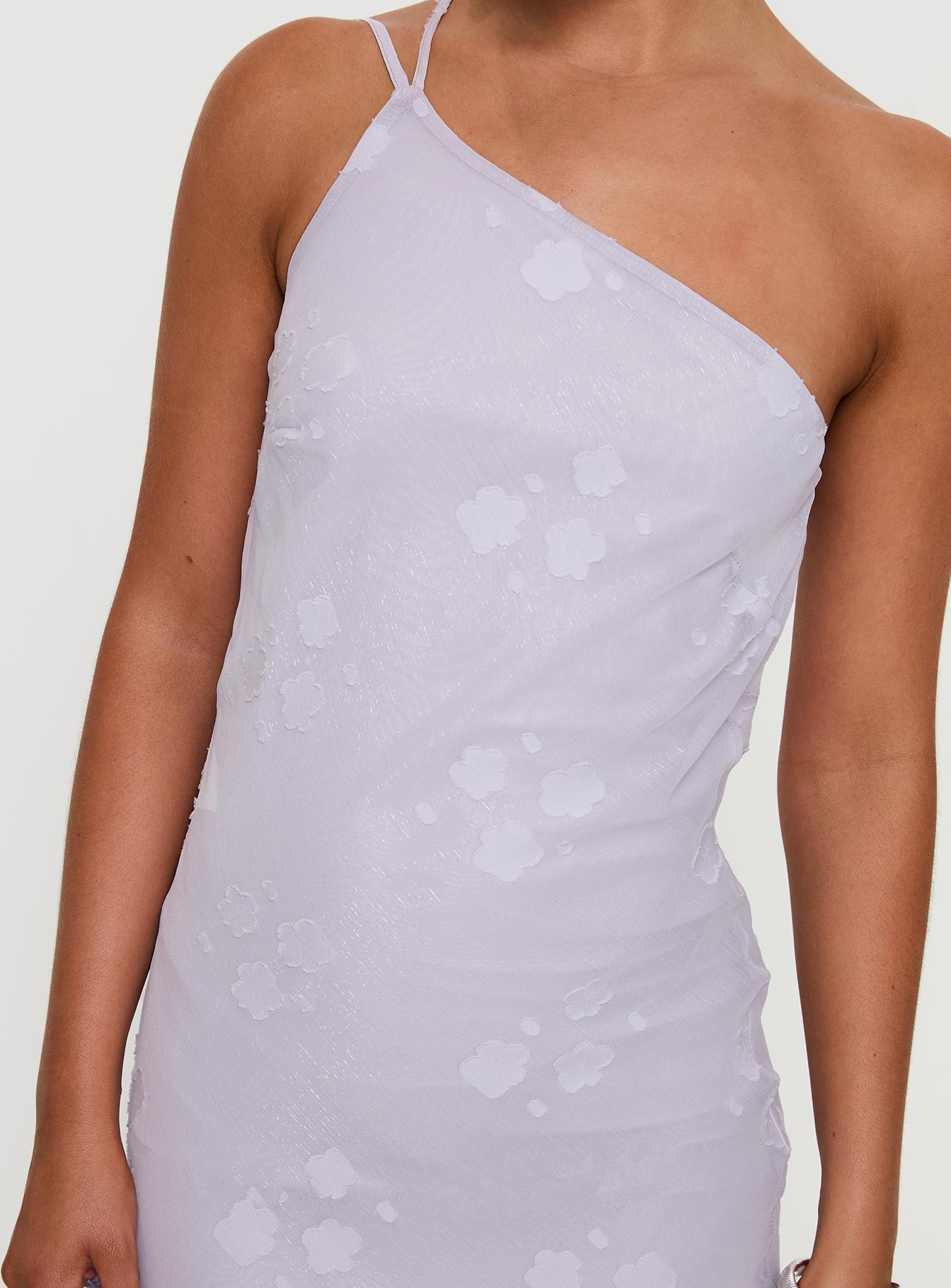 front view of model wearing Princess Polly Jazmira One Shoulder Maxi Dress Lilac Asymmetric Neckline 